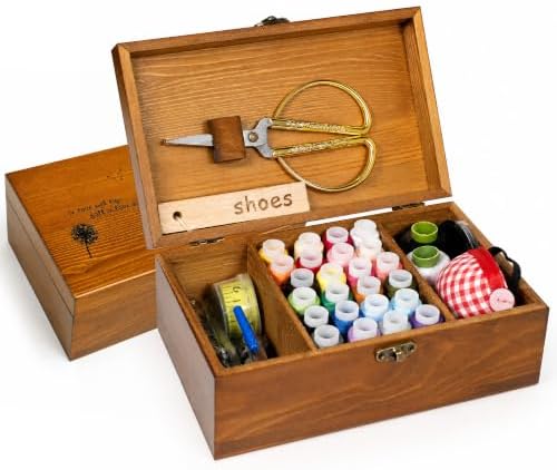 Sewing Kit, Wooden Sewing Kit Box for Adults, Wooden Sewing Basket with Accessories, Home Sewing Basket Stitching Repair Kit for Beginner, Women, Men,Vintage Embroidery Scissors Kit (Retro Brown)