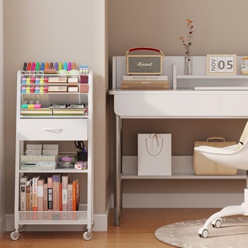 Homsorout 3 Tier Rolling Cart - Metal Utility Cart with Storage Drawer and Wheels, Versatile Art & Craft Organizer for Home, Office, or Studio - Ideal for Storing Brushes, Paints, and Supplies（White）