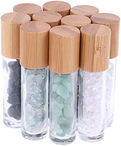 5 Pack 10ml Clear Roll On Bottles With Natural Chakra Crystal Chips for Essential Oils,Perfume Glass Roller Bottles Container Bamboo Lid,Crystal Roller,Pipette&Opener Included (Green Aventurine)