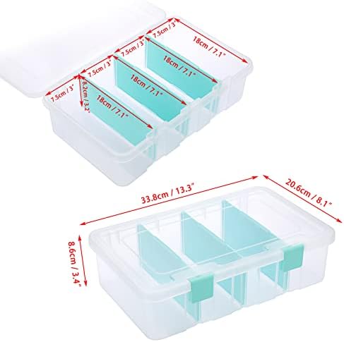 BTSKY Clear Plastic Dividing Storage Box with 4 Compartments Adjustable Storage Bin with Lid Plastic Craft Storage Container Multipurpose Sewing Box Art Supply Organizer, 13.3x8.1x3.4 Inches