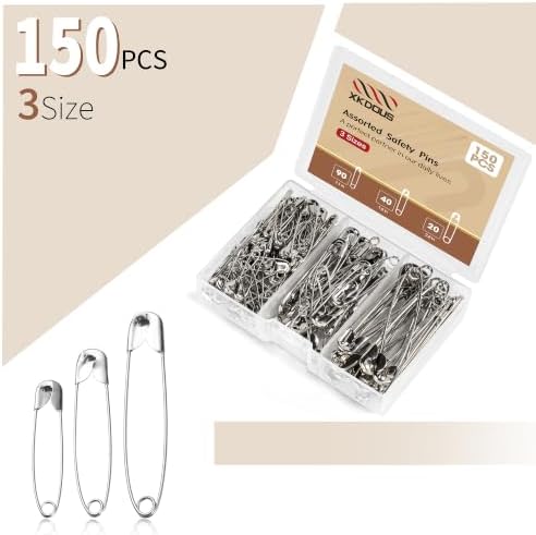 XKDOUS 150 Pack Safety Pins for Clothes 3 Universal Assorted Sizes, Sliver