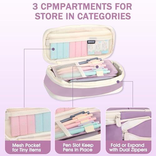 Aesthetic School Supplies with Cute Pencil Case, 12x Pastel Mechanical Pencils 0.5 & 0.7mm with 720x HB Leads, 4x Erasers and 1x Sticky Note, Suitable for Writing, Drafting Drawing Sketching(purple)