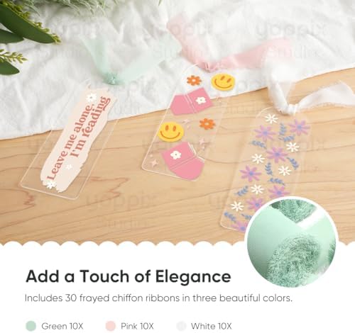 YOPPIX 6x2” Acrylic Bookmark Blanks- 30 Pieces Acrylic Bookmark Kit with 30 Pcs Ribbon for Reading Lovers DIY Crafts Hanging Tag Gifts Tag Price Tags, Graduation Back to School Gifts(Semicircle)