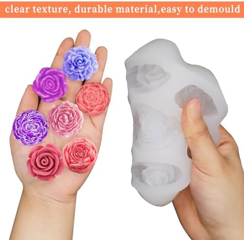 Wehous Flower Molds Silicone, 7 Cavity Rose Peony Fondant Mold for Jelly Chocolate Cake Decorating, 3D Candle Soap Silicone Mold Floral Epoxy Resin Casting Clay Mould Handmade Art Craft Accessories