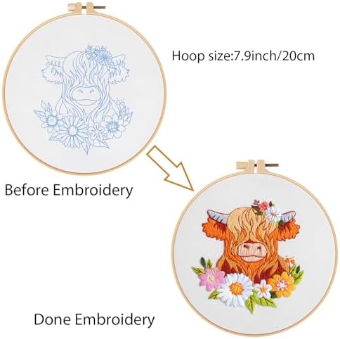 Louise Maelys Highland Cow Embroidery Kit for Beginners Floral DIY