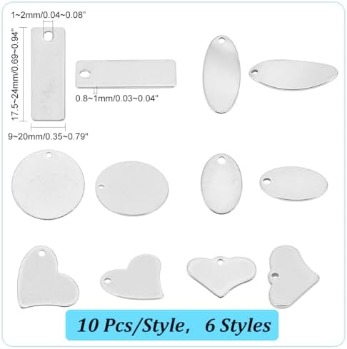 PH PandaHall 304 Stainless Steel Stamping Charms 60pcs 6 Style Blank Tags