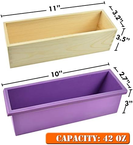 Artcome Loaf Soap Making Cutting Mold Kit Multi-Function Adjustable Wood Soap Mold Set - Rectangular Silicone Mold Set with Stainless Steel Wavy & Straight Cutter