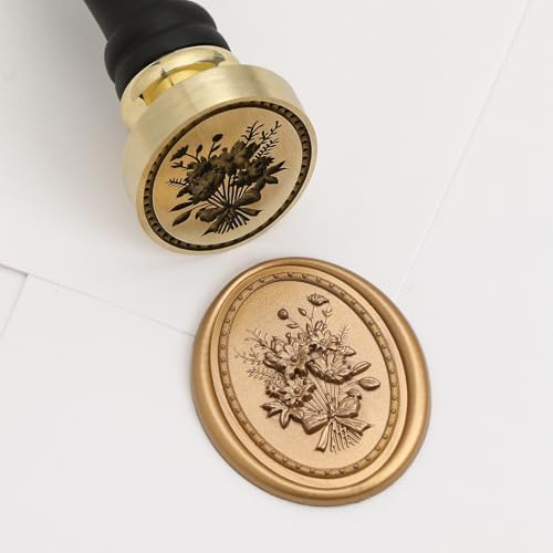 UNIQOOO 3D Relief Wax Seal Stamp, Vintage Frame Bouquet Botanical Brass Head with Wood Handle, Aesthetic Floral Sealer for Wedding Invitations, DIY, Gift Wrapping, Envelopes, Christmas Cards