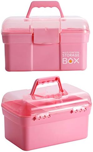 Kinsorcai 11'' Plastic Storage Box with Removable Tray, Multipurpose Organizer and Storage Case for Art Craft and Cosmetic (Pink)