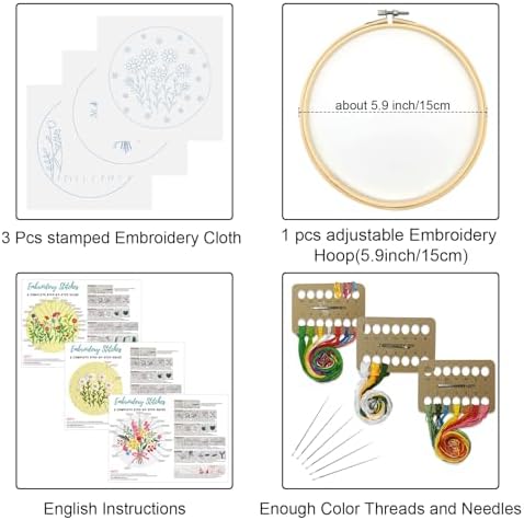 Louise Maelys 3 Set Floral Embroidery Kit, Botanical DIY Craft Collection