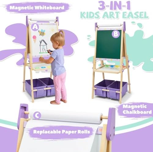 3-in-1 Kids Art Easel Set, Height Adjustable Magnetic Whiteboard & Chalkboard with Painting Paper Roll, Wooden Dual-Sided Art Station for Toddlers & Children Ages 3-8 (Art Supplies Included)