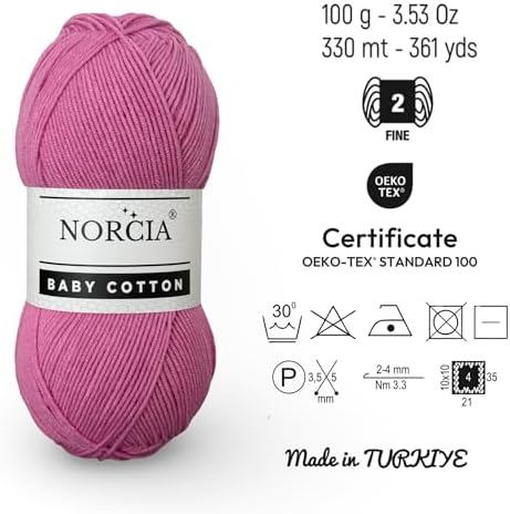 Baby Cotton, 55% Cotton 45% Acrylic Yarn, Fine/Sport (2) for Crochet and Knitting, Soft Amigurumi Yarn, 100 gr (361 yds)