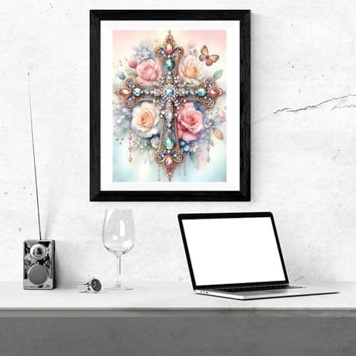 MBNTJHT DIY Cross Paint by Numbers Kit on Canvas for Adults,Easy Flowers Cross Paint by Number Kits for Beginners,Digital Oil Painting Kits for Home Wall Decor 16X20 Inch.