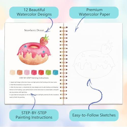 Easy Watercolor Workbook for Beginners - 12 Beautiful Step-by-Step Paintings Water Coloring Book, Includes 16 Colors Paints, Relaxing Art Projects and Creative Gift for Adults & Teen (Candy)