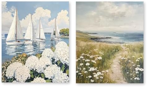 RLTXBUK 2 Pack Nautical Sailboat White Hydrangea Floral Diamond Art Kits, Coastal Grandma Decor, Summer Seaside Flower Landscape Gem Diamond Painting Art Kits for Adults Kids Beginners, 9.8x11.8 Inch