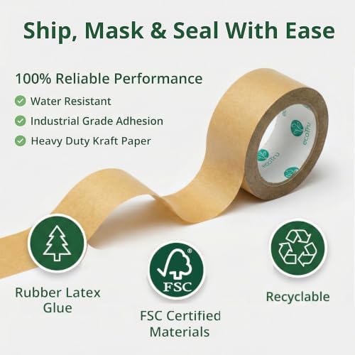 Ultra Strong Kraft Paper Packing Tape, Heavy Duty Brown Packing Tape for Box & Carton Sealing Packaging Shipping Moving & Masking, Eco Friendly Biodegradable Printable, 2 Inch x 44 Yard, 3 Rolls