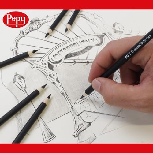 Pepy Charcoal Assorted Set of 6 Pencils: 2 Each Hard, Medium, Soft Pencils