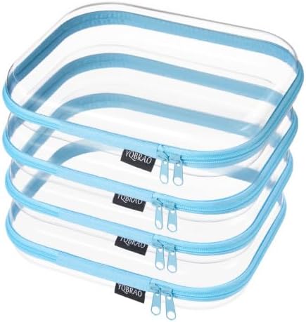 YQBRAO Clear Hard Shell Zipper Cases, 4 Medium Makeup Organizers, Blue