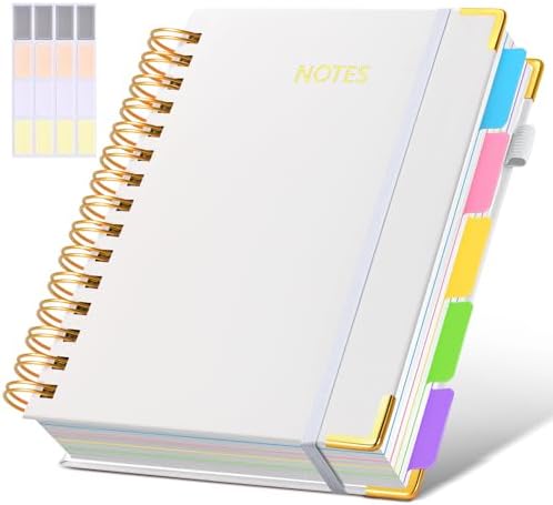 Hardcover Spiral Notebook journal with Removable Dividers Tabs, 300 Pages Leather 5 Subject Notebook College Ruled, 100GMS Notebooks for Work School Note taking,Lined Journal for Women,A5 White