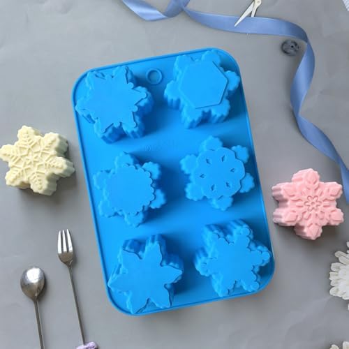 2 Pcs Snowflake Silicone Candle Soap Molds for Christmas Baking Chocolate Candy Cake Pan Cookie Jelly Muffin Ice Cube Trays Baking Moulds DIY Bath Bomb Molds Decoration (Blue Pink)