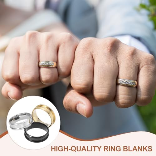 MECCANIXITY 3 Pcs Titanium Steel Ring Blank, 8mm Width Grooved Inlay Ring Blanks for Jewelry Making DIY Craft Supplies(Black/Gold/Silver, Size 11)