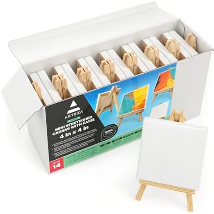 ARTEZA Mini Canvas and Easel Set, 4 x 4 in, Pack of 14, Small Stretched Canvases with Easels for Acrylic Painting, Crafts, and Tabletop Display