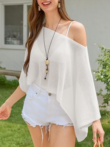 Saodimallsu Womens Crochet Cover Ups Batwing Sleeve Sweater Crop Tops Lightweight Summer Boho Knit Sheer Poncho Top