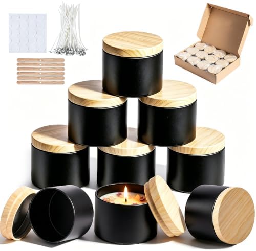 Candle Jars for Making Candles, Candle Jars 4oz with Lids, Metal Empty Candle Tins, Candle Containers for Making Candles, Tins with Wood-Grain Lids, Candle Making Jars (Black Woodgrain, 4oz-6pcs)
