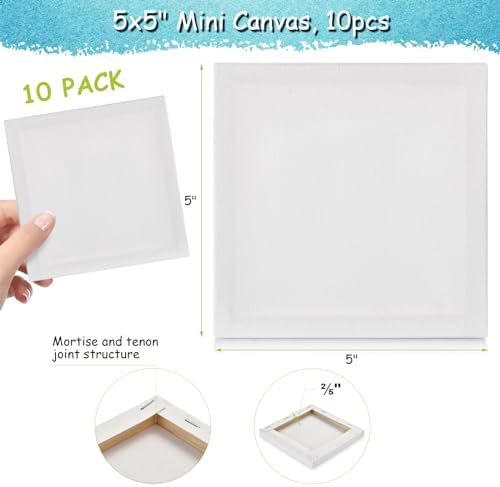 10PCS Mini Canvases for Painting – 5 x 5 in Bulk Small Square Stretched Canvases, 2/5 in Thick Blank Canvas for Students, Art Supplies, School & Home Crafts