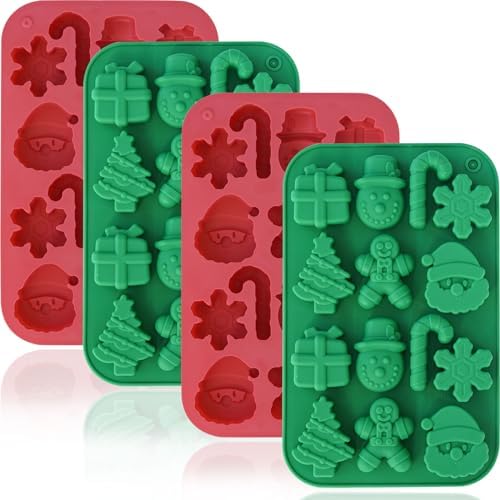 HKNMTT Christmas Silicone Chocolate Molds, 4 PCS Candy Baking Moulds, 3D Snowflake Cane Snowman Xmas Tree Gingerbread Man Santa Claus Gift Box Shape Mold for DIY Handmade Soap Candles Jello