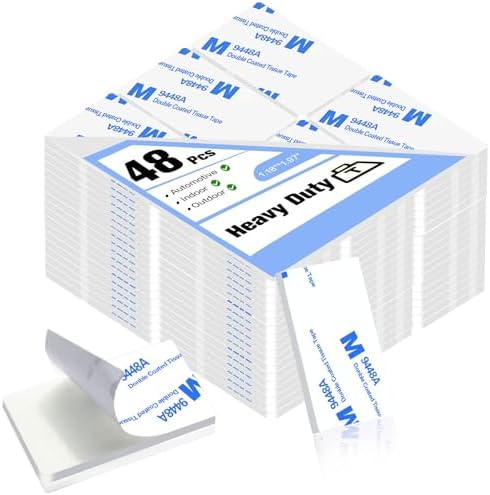 White Double Sided Adhesive Pads,Heavy Duty Mounting Tape,48Pcs 3mm Thickness Pre-Cut Foam Tape,Super-Sticky Black Strong Pads Rectangle Shape Waterproof for Walls Picture, Car, Home, Office