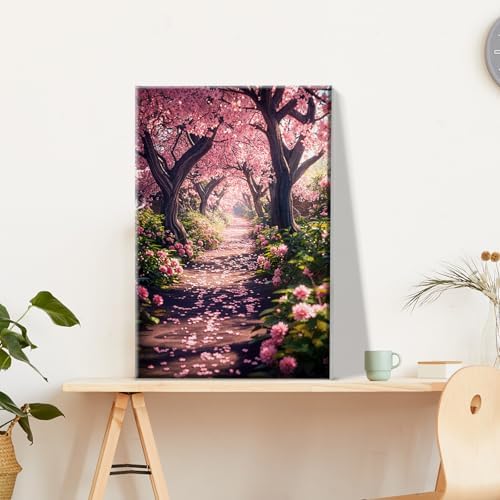 JOOZ Paint by Numbers Kit for Adults Landscape Paint by Number with Frame DIY Cherry Blossom Paint by Number with Easel Flowers Paint by Numbers Kit on Canvas for Gift Home Wall Decor 7.87x11.81 Inch