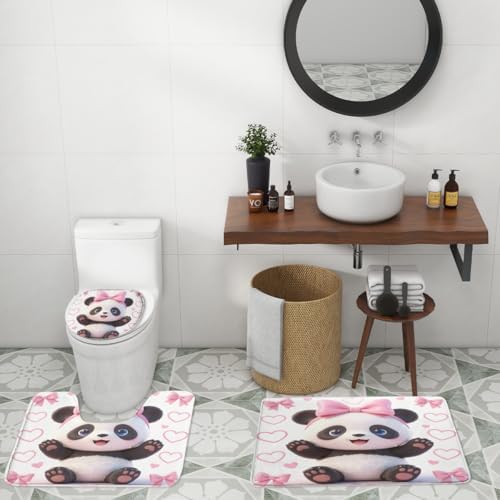 Girls Cute Baby Panda 4Pcs Shower Curtain Sets,Cartoon Lovely Animal Panda Bears Bathroom Decor Set,Princess Style Pink Bow Kawii Toilet Lid Rug, Bath Mat and Contour Mat