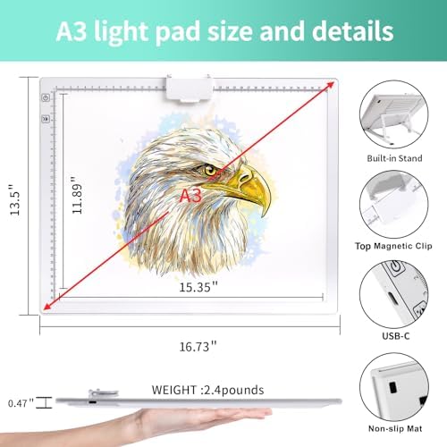 A3 Light Pad for Diamond Painting - Rechargeable Tracing Light Box with Stand, 3 Colours Stepless Dimmable 6 Levels Brightness Light Board, Battery Powered Portable Light Pad for Weeding Vinyl(White)