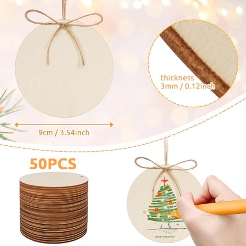 Philorn 50pcs Wooden Ornaments for Crafts 3.5" DIY Wooden Ornaments | for Crafts 3.5" Unfinished DIY Wooden Ornaments, Predrilled Wood Slices Circles for Crafts Paint Holiday Hanging Decorations