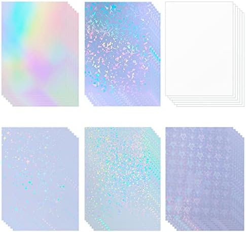 36 Sheets Holographic Sticker Paper Clear Laminating Sheets Adhesive Paper | Transparent Waterproof Rainbow Vinyl Sticker Paper A4 Size Holographic Laminate Sheets for DIY Crafts, with 6 Styles Mixed