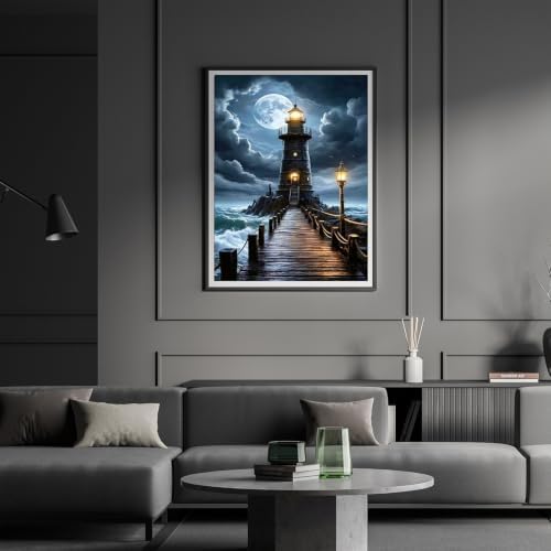 VeGuude Diamond Art Lighthouse Kits for Adults,Dark Night 5D DIY Full Square Drill Diamond Painting Kit,Seaside Storm Scenery Diamond Art Gem Painting for Gift Home Wall Decor (12x16 inch)