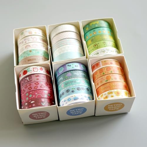 30 Pack Mini Washi Tape Set (10mm×2m) for Scrapbook Supplies with Adjustable 6-Grid Transparent Organizer, Japanese Paper Craft Tape for Journaling, DIY, Gift Wrapping