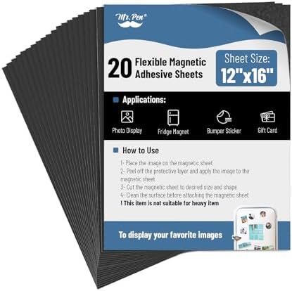 Mr. Pen- Flexible Magnetic Sheets with Adhesive Backing, 12" x 16", 20 Pack