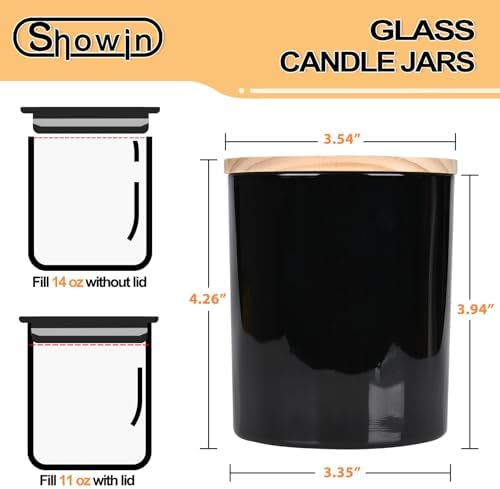 SHOWIN Thick Candle Jars for Making Candles 12 Pcs, 14 OZ Empty Jars with Wood Lids for Candle Making, Sample Container, Glossy Black