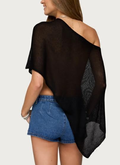 Women Knit Poncho Top Sheer Crochet Shawl Cover Up