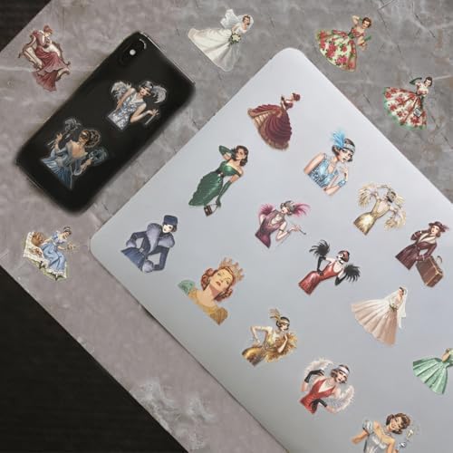 50pcs Retro Girl Stickers for Laptop Water Bottles, Transparent PET Waterproof Adhesive Faddish Decals Modern Woman Sticker for Teens Adult Birthday Party Scrapbook Phone (Retro-1)
