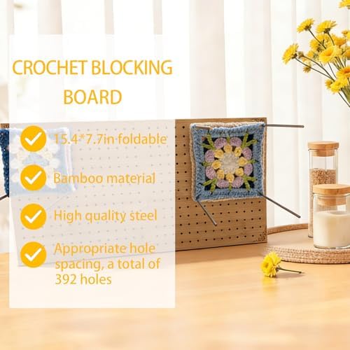whewinhie Crochet Blocking Board with Pegs, Bamboo Knitting Board, 15.5x7.7 inch,Projects with Pattern,Foldable, Complete Square Crochet Tool Kit for Granny & Mom