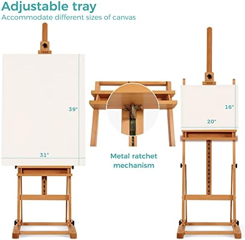 VISWIN Medium H-Frame Easel 67"-95" H, Hold Canvas up to 49", Adjustable Beech Wood Artist Easel Stand for Painting with Storage Tray, Art Floor Easel for Adults, Beginners, Students - Natural