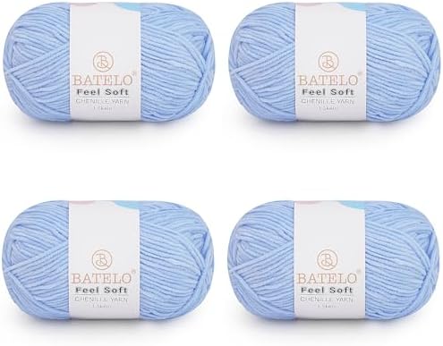 Thin Chenille Yarn for Crocheting & Knitting, Soft Plush Yarn for DIY Crafts, Amigurumi, Home Decor - 3 Light - 4 Pack of 1.7oz/142yds - Fog Blue