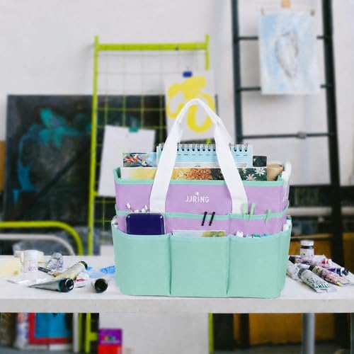 JJRING Craft Organizer Tote Bag Large Art Storage Caddy Green and Purple | With Multiple Pockets For Sewing, Scrapbooking, School, Medical, And Office Supplies
