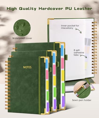 Hardcover Spiral Notebook 8.5"x11" Journal with Removable Dividers Tabs, 300 Pages Leather 5 Subject Notebook College Ruled, Large A4 Notebooks for Work School, Lined Journal for Women, A4 Green