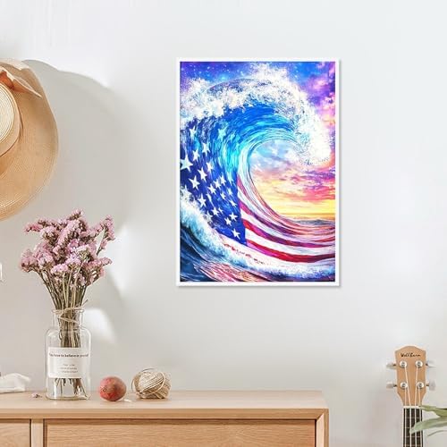 MVVMTOP 4th of July Diamond Painting Kit for Adults, Patriotic Independence Day Decor with American Flag and Wave, 5D Full Drill Round Diamond Art Kit, DIY Crystal Rhinestone Embroidery Painting