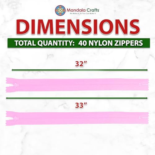 Mandala Crafts 40 PCs Pink Closed-End 32 Inches Nylon Zippers for Sewing