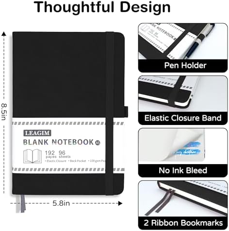 Blank Journal Notebook, A5, 192 Pages 100 GSM Thick Sketch Book for Women Men, Hardcover Leather Unlined Journaling for Work, Notebooks for Writing, 5.8 inches x 8.5 inches (Black)